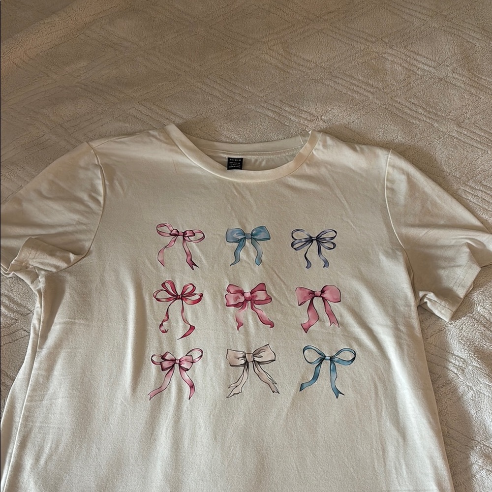 SHEIN White Tee with Colorful Bow Print